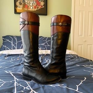 Frye Molly Tall Button Boot, Black and Brown 8